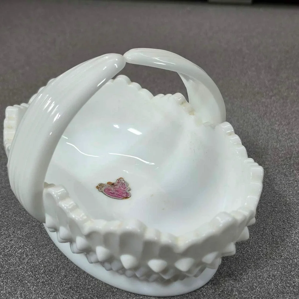 Fenton Basket Milk Glass White Excellent Hobnail Scalloped Split Handle 6.5in